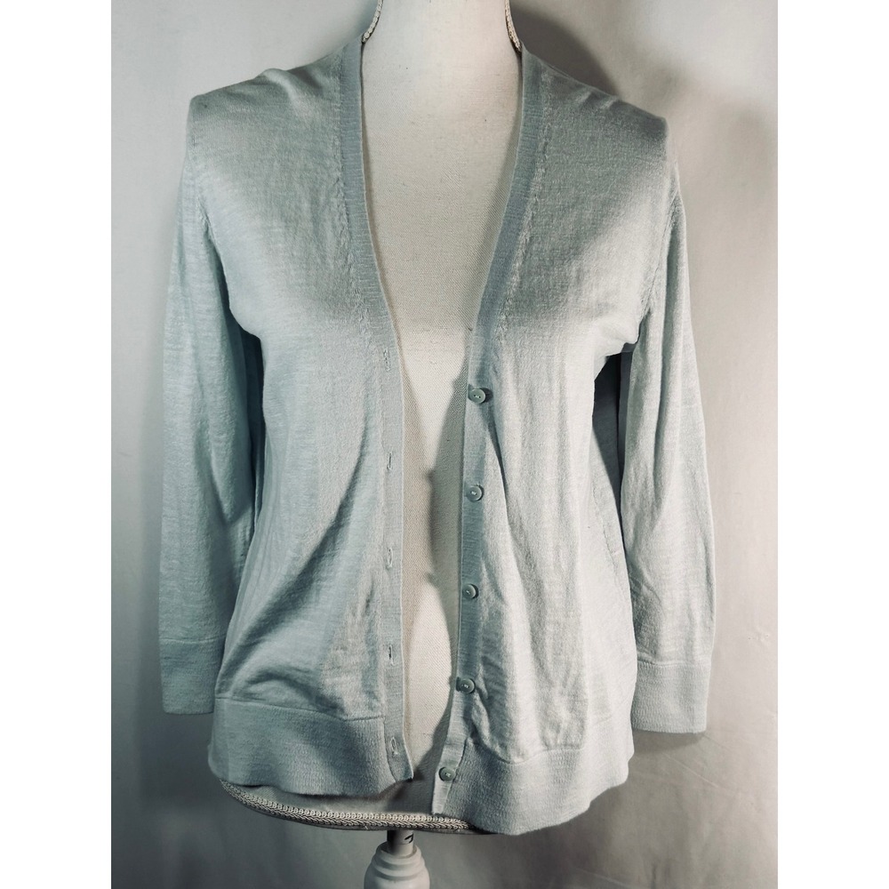 Ann Taylor Factory Womens Light Blue V-Neck Button Front Knit Cardigan Sweater M